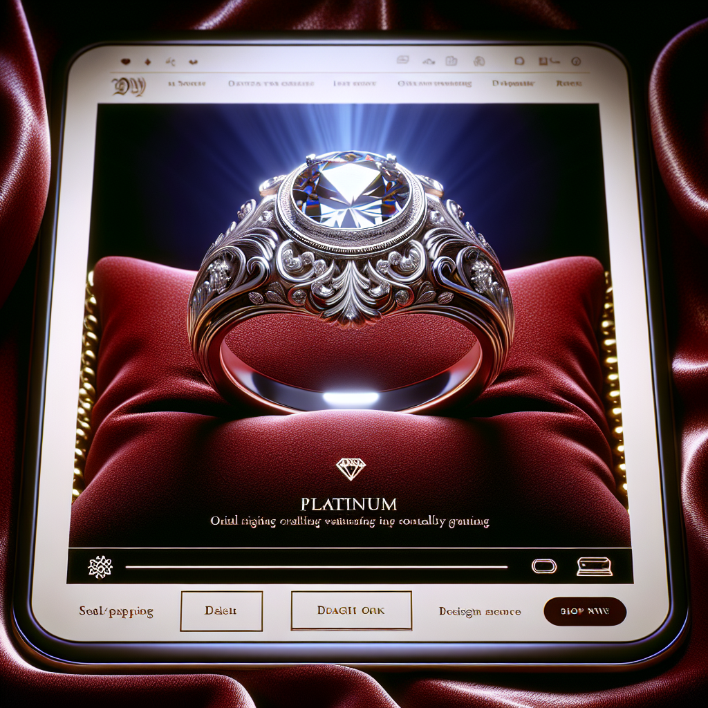 Close-up of a Dbeers diamond ring platinum on red velvet cushion, showcasing intricate design and sparkling diamonds.
