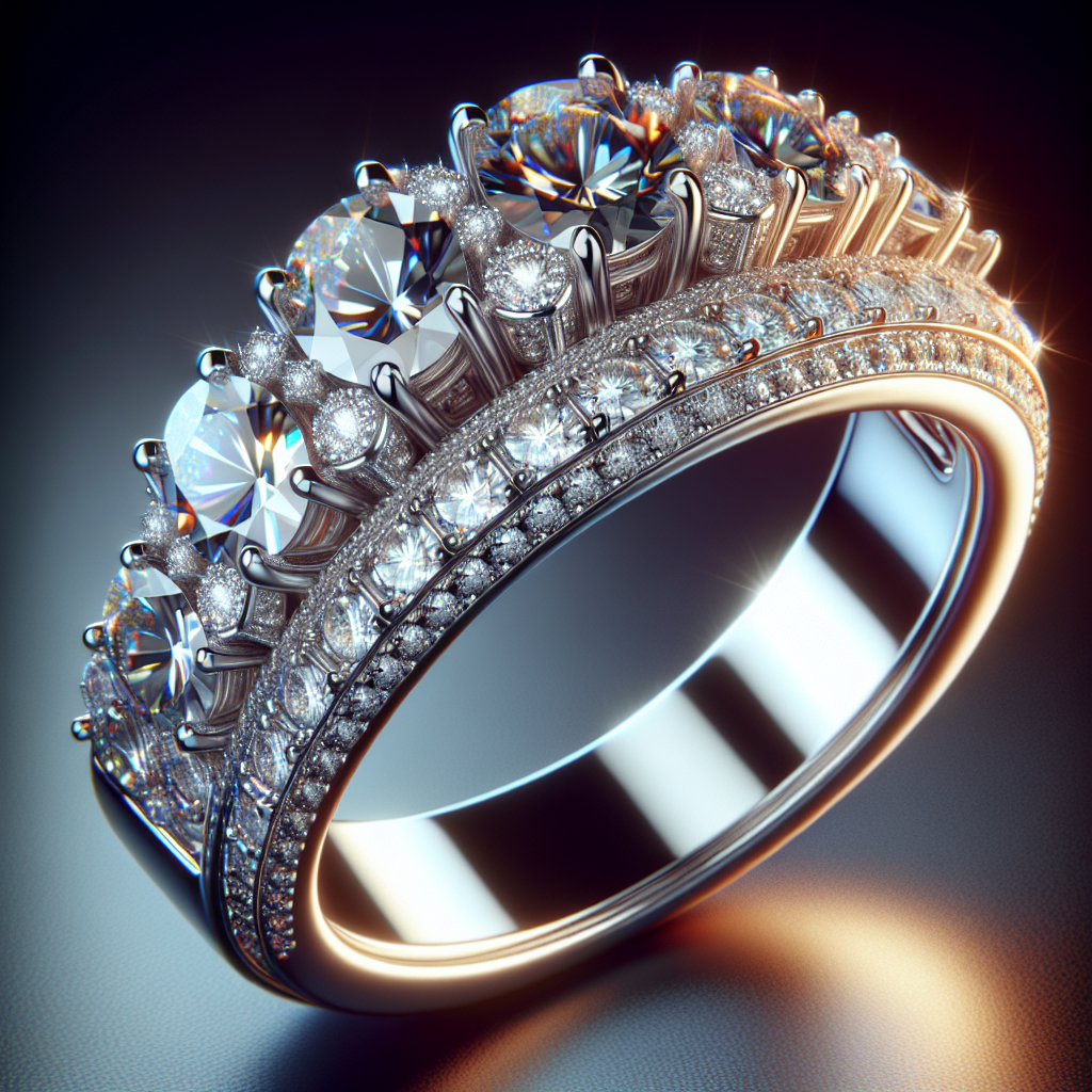 Close-up of a luxurious platinum Dbeers diamond ring with intricate detailing and sparkling diamonds.