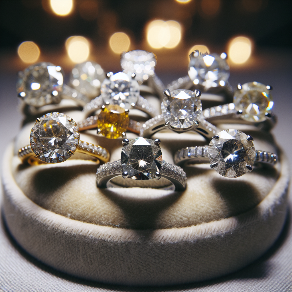Collection of sparkling flawed diamond engagement rings showcased on a velvet stand, highlighting their unique beauty and cha