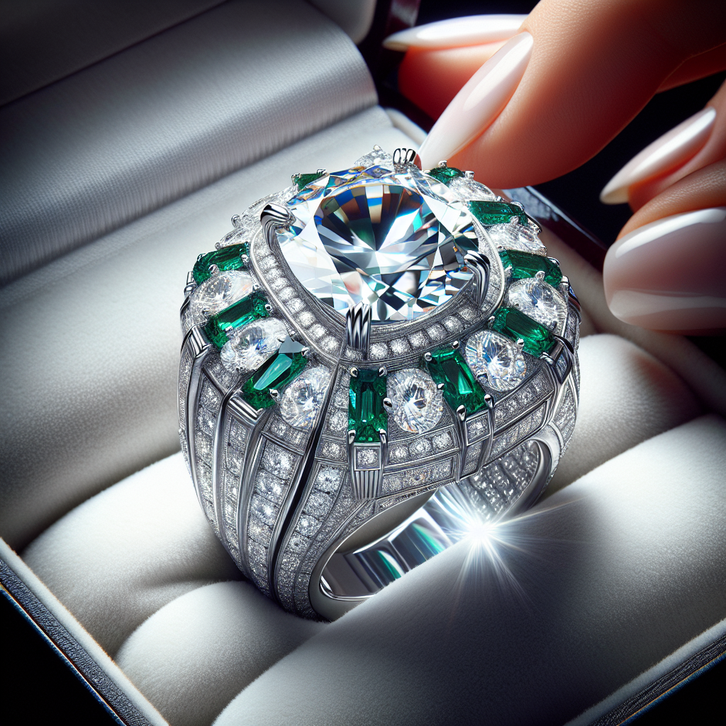 Close-up of a platinum ring with diamonds and emeralds displayed in an elegant jewelry box.